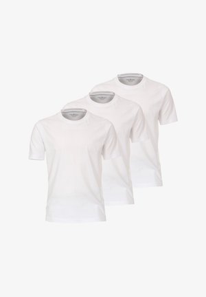 Trois t-shirts en coton blanc uni, à manches courtes, col rond, avec des détails de couture subtils autour de l'encolure et des manches.