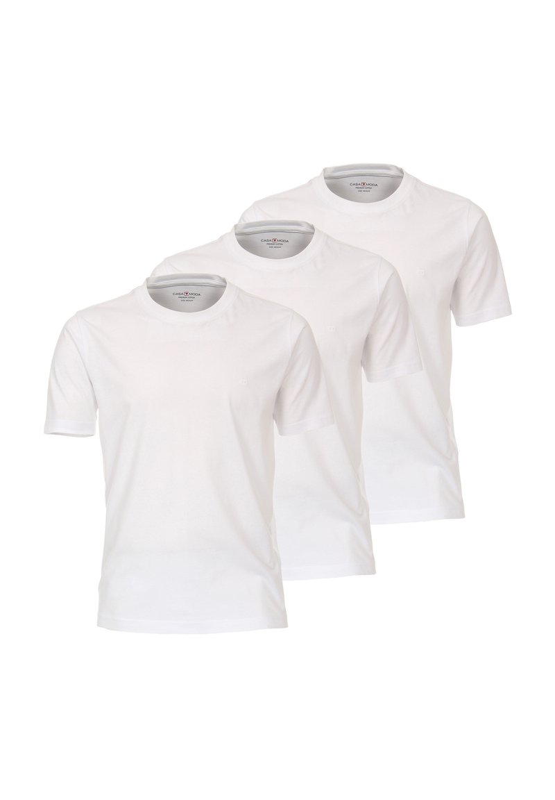 Tre ensfarvede hvide bomulds t-shirts, kortærmede, rund hals, med subtile syninger omkring udskæringen og ærmerne.
