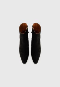 Bottines en daim noir avec des embouts pointus et des accents de fermeture éclair dorés. L'intérieur présente une doublure marron. Texture lisse sur toute la surface.
