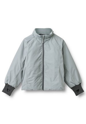 Veste à carreaux gris clair et blanc avec fermeture éclair complète à l'avant, col montant, poignets élastiques et trous pour les pouces sur des manches longues gris foncé.