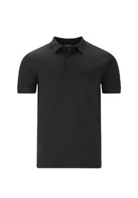 Sort polo-shirt lavet af bomuld, med krave, tre knapper, korte ærmer og et diskret mærkelogo på brystet.