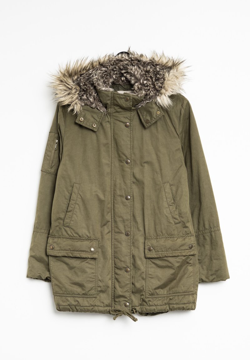 Olive green parka jacket with faux fur-lined hood, zip and snap closure, two front pockets, and adjustable drawstring at the hem.