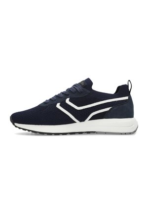 Baskets de sport bleu marine avec une tige en tricot respirant, accents blancs, design à lacets et semelle en caoutchouc texturé. Dotées d'un capuchon de talon en daim.