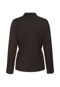 Blouse marron foncé à manches longues avec poignets boutonnés et col, vue de dos sur fond blanc.