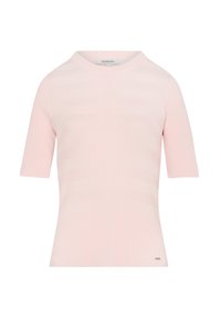 Maglione rosa a maniche corte realizzato in maglia a coste, con fantasie a righe orizzontali e scollatura rotonda. Dettaglio logo piccolo sull'orlo.