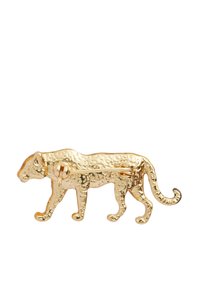 Gold-toned brooch shaped like a walking leopard, featuring a textured finish and pin back for secure attachment.