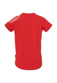 Red T-shirt featuring short sleeves, round neckline, and a textured pattern on one shoulder. Made from soft, breathable fabric.