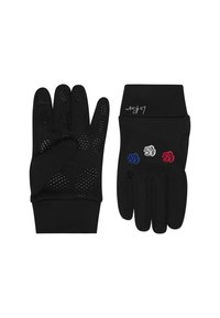 Svarta handskar med texturerat grepp på handflatorna, tre broderade rosor i blått, vitt och rött, och en åtsittande manschettdesign.