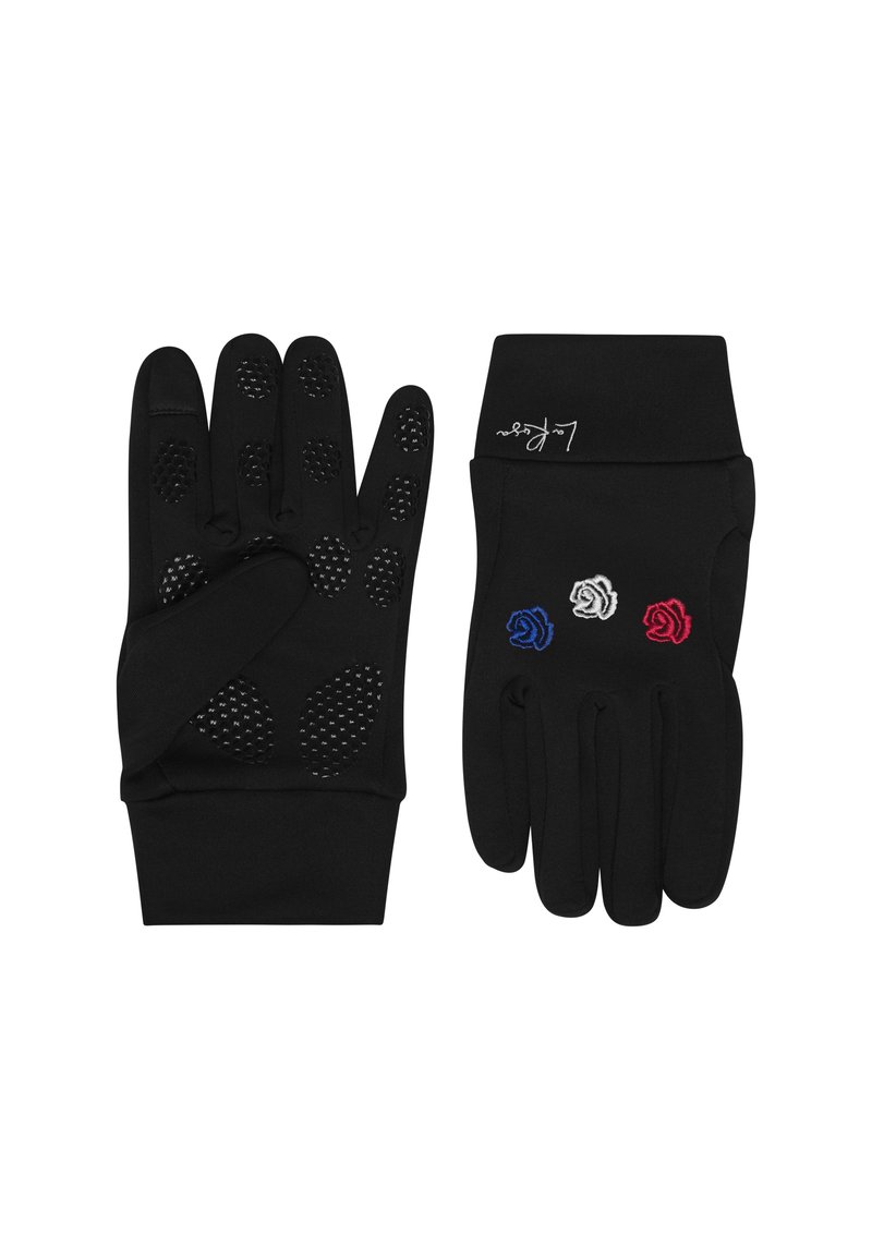 Svarta handskar med texturerat grepp på handflatorna, tre broderade rosor i blått, vitt och rött, och en åtsittande manschettdesign.