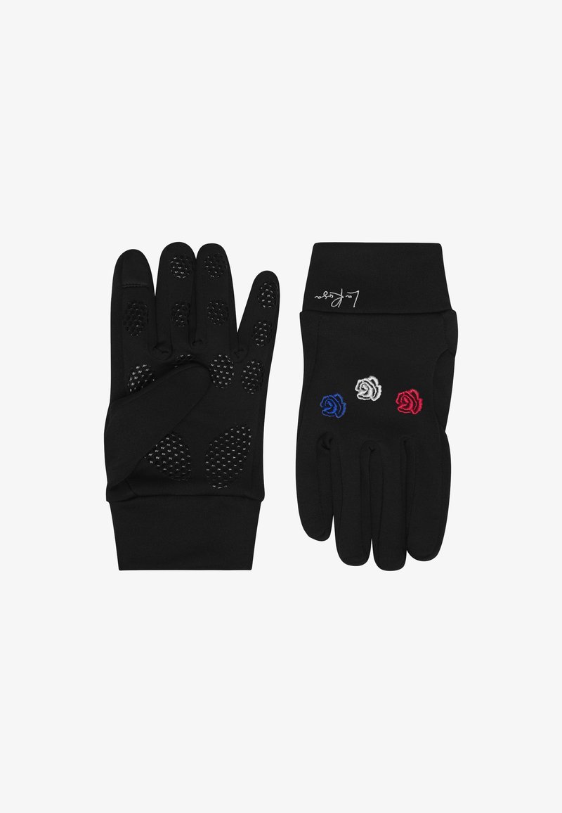 Svarta handskar med texturerat grepp på handflatorna, tre broderade rosor i blått, vitt och rött, och en åtsittande manschettdesign.