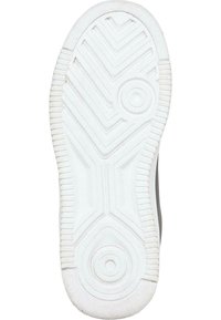 Bela gumijasta podplat z zigzag vzorcem, krožnimi detajli in teksturiranimi robovi. Raven in trden dizajn za oprijem in podporo.