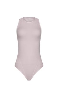 Mouwloze body, zachte roze tint, gemêleerd ribbelstof, aansluitend ontwerp, hoog uitgesneden benen, naadloze afwerking. Casual en veelzijdig ontwerp.