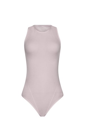 Ärmelloser Body, sanfte rosa Nuance, strukturiertes Rippgewebe, taillierter Schnitt, hoch geschnittene Beine, nahtloses Finish. Lässiges und vielseitiges Design.