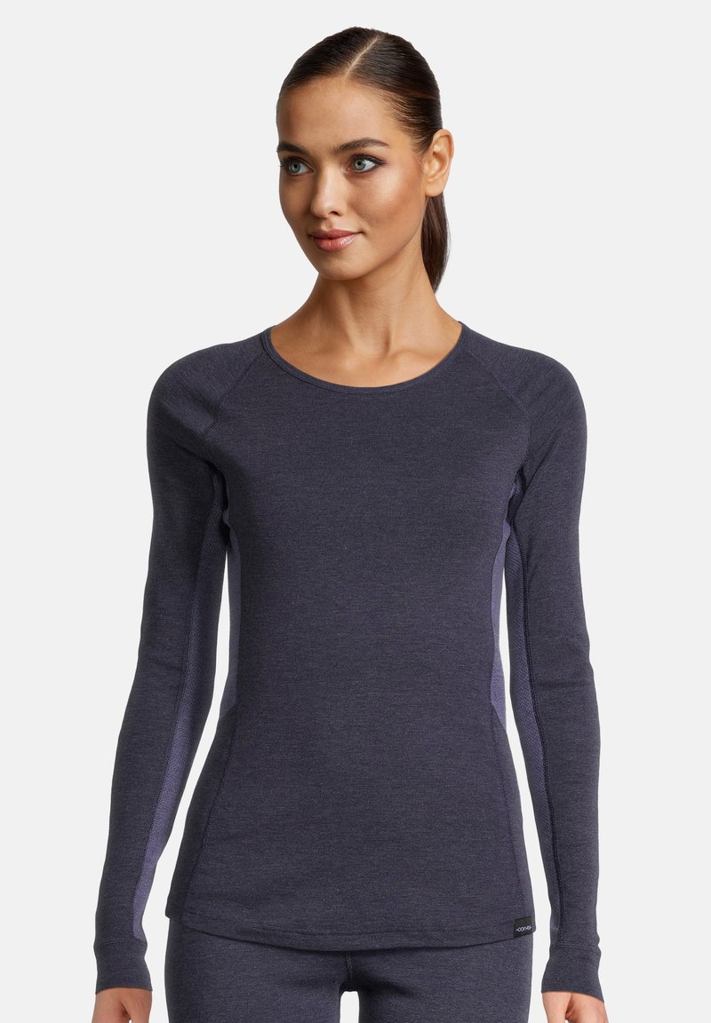 Maglia sportiva a maniche lunghe grigia scura con lati texturizzati, caratterizzata da un collo rotondo e un design aderente per una silhouette snella.