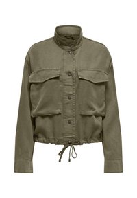 Giacca corta verde oliva realizzata in tessuto resistente, con colletto rialzato, due tasche sul petto e orlo con coulisse. Presenta chiusura con bottoni e polsini.