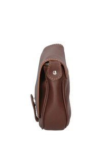 Borsa in pelle marrone con profilo slim, bordi arrotondati, cuciture visibili e chiusura a scatto sicura sul lato. Superficie testurizzata.