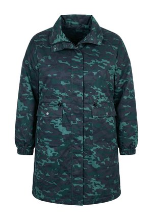 Langer Tarnjacke in Grün und dunklem Petrol mit Frontreißverschluss, Druckknöpfen, zwei Klappentaschen und elastischen Bündchen.