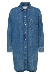 Denimklänning har en klassisk krage, knappstängning fram, br östficka och långa ärmar. Tillverkad av blå denim med en rundad nederkant.