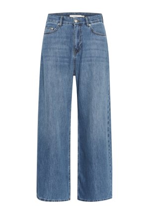 Blaue Jeans im weiten Bein mit hoher Taille, zwei Fronttaschen und subtilen Ausbleichungen. Mit kontrastierenden Nähten und einem klassischen Knopfverschluss.
