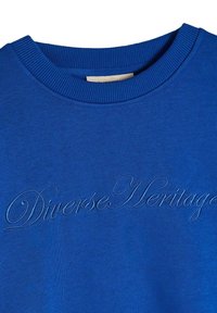 Niebieski sweter z ribbowym dekoltem typu crew. Posiada haftowany napis "Różnorodne Dziedzictwo" w stylu kursywy na przodzie.