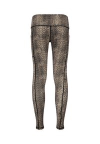 Leggings à imprimé léopard avec une taille haute, une coupe ajustée et des accents noirs sur les côtés. Fabriqués en tissu extensible et texturé.