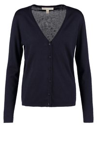 Cardigan bleu marine en maille, avec un col en V, des manches longues et une fermeture boutonnée à l'avant. Texture douce avec une coupe classique.