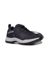 Scarpa da trekking nera con tomaia in rete testurizzata e punta in gomma. Presenta un sistema di allacciatura elastica e una soletta ammortizzata con suola aggressiva.