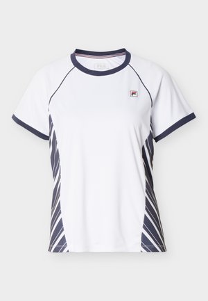Biele krátke športové tričko s tmavomodrým lemovaním na golieri a rukávoch, tmavomodrým šikmým pruhom na bokoch a malým logom na hrudi.