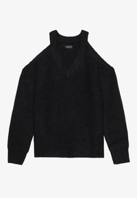 Pull noir à col en V avec une texture côtelée et une coupe à épaules tombantes, doté de manches longues et d'un ourlet large.