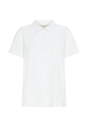White cotton polo shirt with a classic collar, short sleeves, five-button placket, and a relaxed fit. Smooth texture, no patterns or accents.
