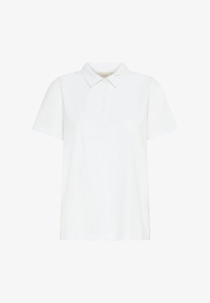 Balta medvilninė polo marškinėliai su klasikiniu apykakliniu, trumpomis rankovėmis, penkių mygtukų užtrauktuku ir laisvu sijonu. Lygus paviršius, be raštų ar akcentų.