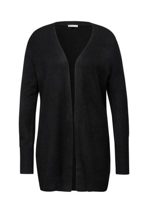 Zwarte open voor cardigan gemaakt van een zachte brei stof. Beschikt over lange mouwen en geribbelde details bij de manchetten en de zoom.