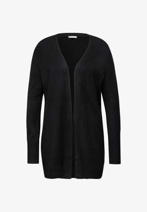 Kardigan czarny otwarty z miękkiej dzianiny. Posiada długie rękawy oraz prążkowane wykończenia przy mankietach i dole.