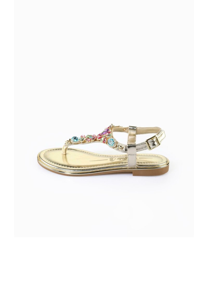 Sandali flat dorati con un design decorativo caratterizzato da gioielli multicolori e una cinghia metallica. Forma elegante con una cinghia alla caviglia regolabile.