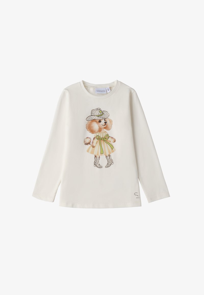 Langarm-Hemd aus weißer Baumwolle mit einem Grafiken eines Hundes in einem gepunkteten Hut, Kleid und dekorativen Stiefeln, akzentuiert mit einem grünen Bänder.