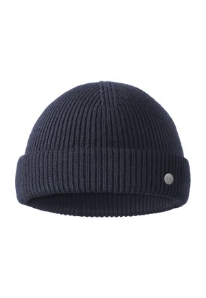 Knitted dark navy beanie with ribbed texture and a rolled cuff, featuring a small silver logo tag on the side.