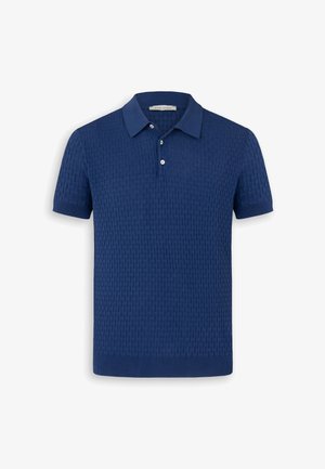 Marineblauw poloshirt met korte mouwen, voorzien van een gestructureerd gebreid patroon, een knoopsluiting met twee knopen, een kraag en geribbelde boorden aan mouwen en zoom.