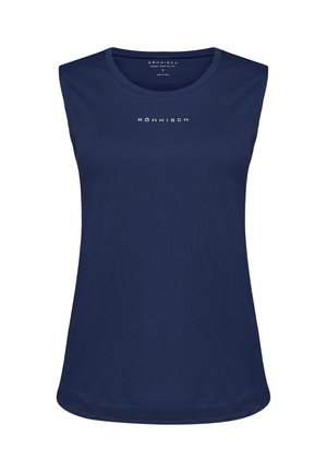 Top atlético sin mangas de color azul marino, confeccionado con una tela ligera y suave, con un escote redondeado y un logotipo sutil en el pecho.