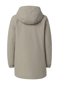 Impermeabile lungo beige con cappuccio, maniche lunghe e polsini elasticizzati, mostrato da dietro su uno sfondo bianco.