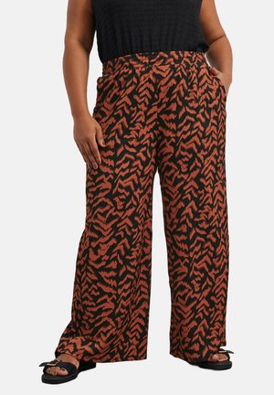 Zwarte wijde broek met een abstracte oranje bladerenpatroon. Elastische tailleband en zijzakken. Lichtgewicht gestructureerde stof.