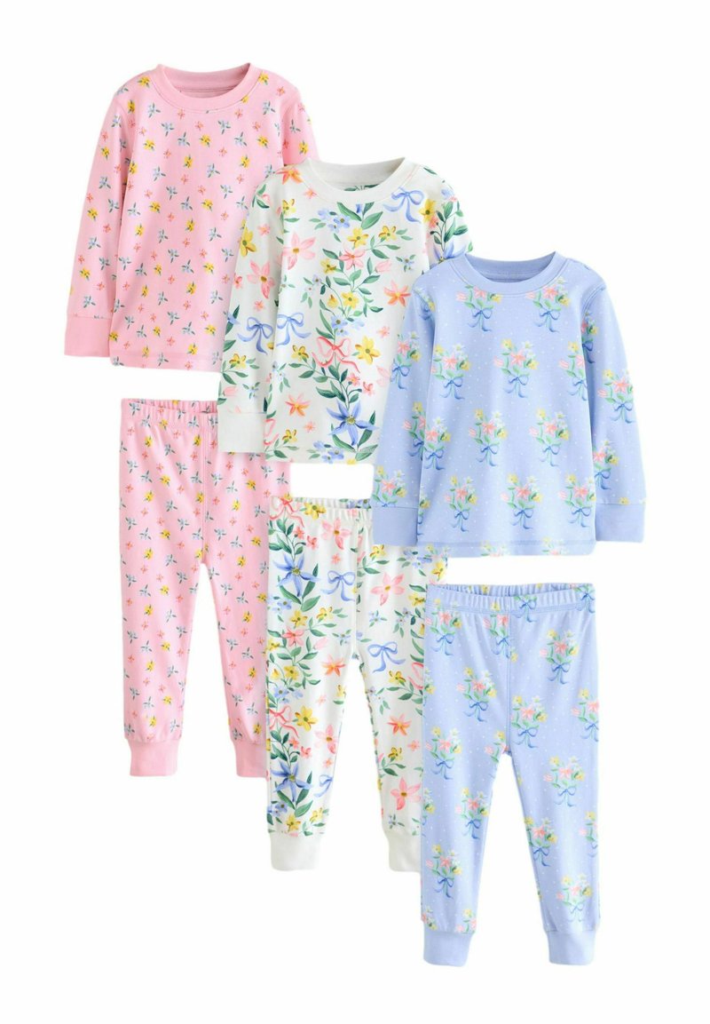 Juego de pijamas para niños que incluye cuatro camisetas de manga larga y pantalones. Los estampados incluyen flores y lazos en colores rosa, blanco y azul.