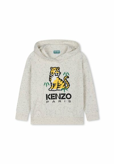 Hoodie gris clair à motifs avec un graphique en façade d'un tigre et le texte "KENZO PARIS" en lettres noires en gras. Comprend une poche kangourou.