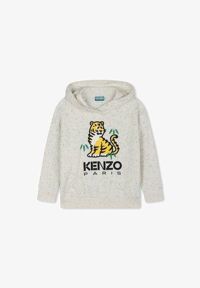 Hoodie gris clair à motifs avec un graphique en façade d'un tigre et le texte "KENZO PARIS" en lettres noires en gras. Comprend une poche kangourou.