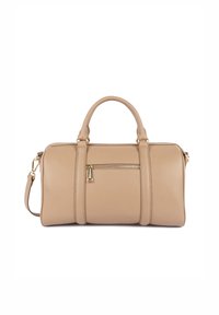 Borsa a mano in pelle color tan con due manici superiori e tracolla removibile. Presenta una tasca frontale con zip e una superficie testurizzata.