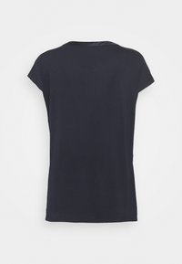 T-shirt bleu marine à manches courtes et col rond présenté de dos sur un fond blanc uni.