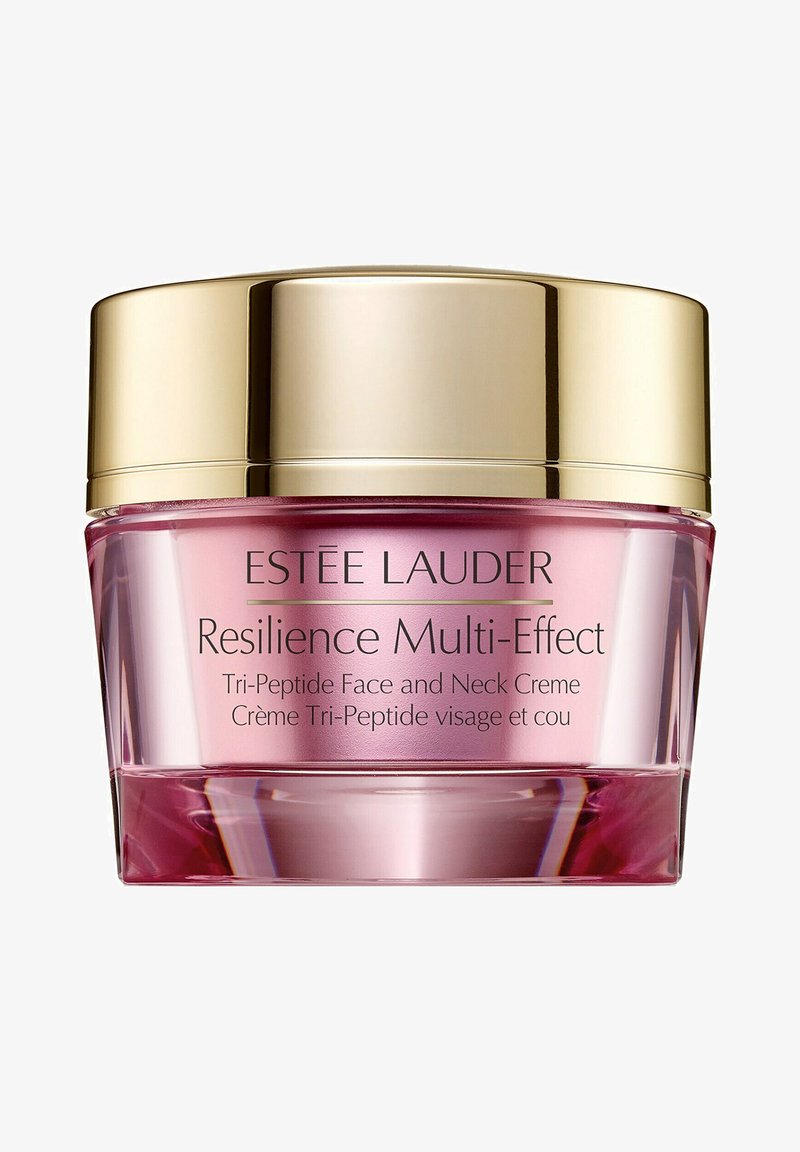 Estée Lauder Resilience Multi-Effect Tri-Peptid Gesichts- und Halscreme in einem rosa Tiegel mit goldfarbenem Deckel.