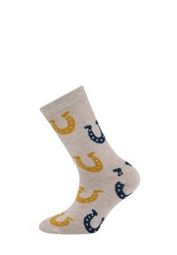 Beige socks featuring a repeating pattern of yellow and navy blue horseshoes, crafted from a soft, textured material.
