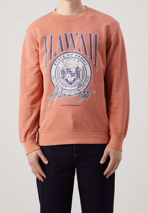 Person trägt ein lachsfarbenes Sweatshirt mit der Aufschrift "HAWAII" und dem Wappen des Bundesstaates Hawaii in Blau und Weiß auf der Vorderseite.