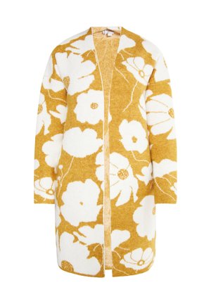 Sárga és fehér virágmintás kardigán hosszú ujjal, nyitott elülső kialakítással, texturált anyagból, és nagy virágmintákkal az egész felületen.