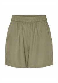 Pantaloni corti in lino verde oliva con vita elasticizzata, caratterizzati da una vestibilità rilassata, drappeggio informale e orlo sartoriale. Tessuto leggero e traspirante.